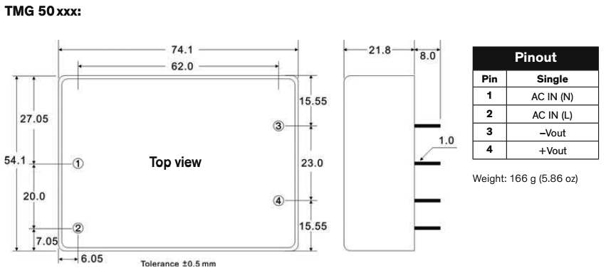 Converter: AC/DC; 40W; Uout: 5VDC; Iout: 8000mA; 86%; Mounting: PCB