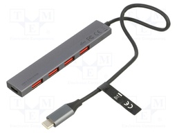 Hub USB; USB A socket x4,USB C socket,USB C plug; grey; 0.25m