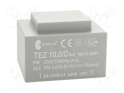 Transformer: encapsulated; 10VA; 230VAC; 15V; 666.6mA; IP00; 280g