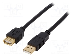 Cable; USB 2.0; USB A socket,USB A plug; gold-plated; 3m; black