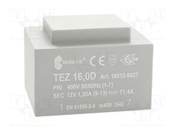 Transformer: encapsulated; 16VA; 400VAC; 12V; 1333.3mA; IP00; 420g