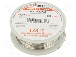 Tin; lead free; Bi57Sn42Ag1; 0.7mm; 100g; reel; Flux: flux free