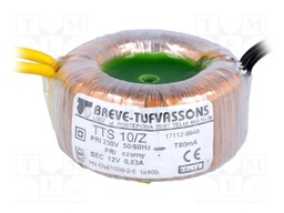 Transformer: toroidal; 10VA; 230VAC; 12V; 0.83A; 0.2kg; Ø: 53mm; IP00