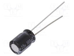 Capacitor: electrolytic; THT; 100uF; 25VDC; Ø6.3x9mm; Pitch: 2.5mm