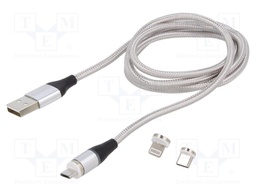 Cable; magnetic,USB 2.0; 1m; grey; 480Mbps; textile; 3A