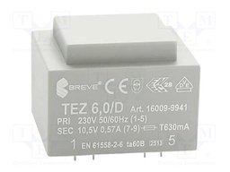 Transformer: encapsulated; 6VA; 230VAC; 10.5V; 571.4mA; IP00; 200g