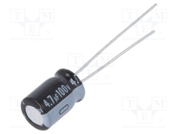 Capacitor: electrolytic; THT; 4.7uF; 100VDC; Ø6.3x9mm; Pitch: 2.5mm