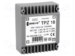 Transformer: mains; 18VA; 115VAC; 6V; 6V; 1.5A; Mounting: PCB; IP00