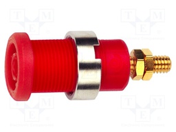 Socket; 4mm banana; 36A; red; gold-plated; on panel; 34mm; 10pcs.