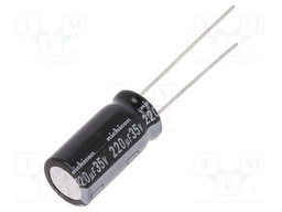 Capacitor: electrolytic; THT; 220uF; 35VDC; Ø10x20mm; Pitch: 5mm