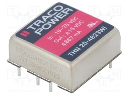 Converter: DC/DC; 20W; Uin: 18÷75V; Uout: 15VDC; Uout2: -15VDC; 1"x1"