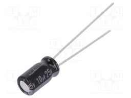Capacitor: electrolytic; THT; 10uF; 25VDC; Ø5x9mm; Pitch: 2mm; ±20%