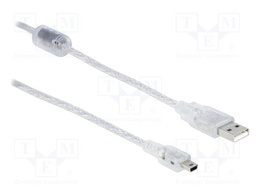 Cable; USB 2.0; USB A plug,USB B mini plug; 1m; transparent