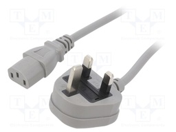 Cable; BS 1363 (G) plug,IEC C13 female; PVC; 1.8m; grey; 3A; 250V