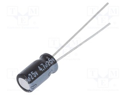 Capacitor: electrolytic; THT; 4.7uF; 25VDC; Ø5x9mm; Pitch: 2mm; ±20%