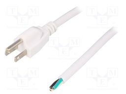 Cable; NEMA 5-15 (B) plug,wires; 5m; white; PVC; 3x16AWG; 13A; 125V