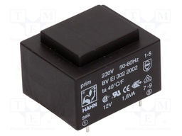 Transformer: encapsulated; 1.8VA; 230VAC; 12V; 150mA; Mounting: PCB