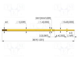 Test needle; Spring compression: 4.3mm; 6.35mm; 3A; CuBe; Ø: 0.64mm