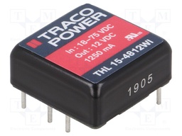 Converter: DC/DC; 15W; Uin: 18÷75V; 12VDC; Iout: 1250mA; 1"x1"; 15g