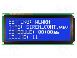 Display: LCD; alphanumeric; STN Negative; 20x4/4x20; blue; LED