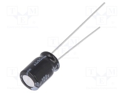 Capacitor: electrolytic; THT; 10uF; 100VDC; Ø6.3x9mm; Pitch: 2.5mm
