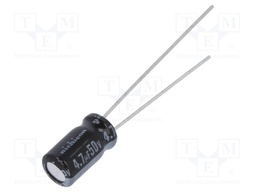 Capacitor: electrolytic; THT; 4.7uF; 50VDC; Ø5x9mm; Pitch: 2mm; ±20%