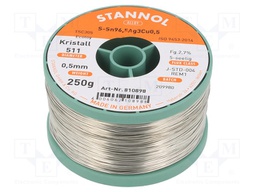 Soldering wire; Sn96Ag3Cu1; 0.5mm; 0.25kg; lead free; 217÷220°C