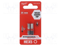 Screwdriver bit; hex key; HEX 5mm; Overall len: 25mm; 2pcs.