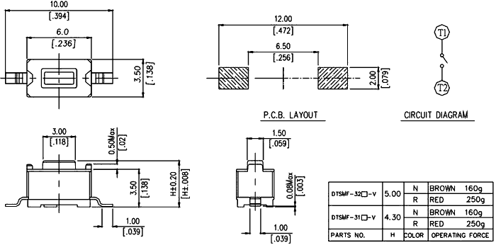 Microswitch TACT; SPST-NO; Pos: 2; 0.05A/12VDC; SMT; none; 2.6N