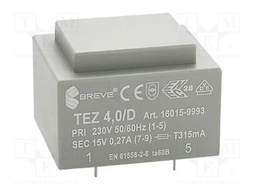 Transformer: encapsulated; 4VA; 230VAC; 15V; 266.6mA; Mounting: PCB