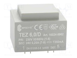 Transformer: encapsulated; 6VA; 230VAC; 24V; 250mA; Mounting: PCB