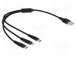 Cable; USB 2.0; 0.3m; black; Cu,tinned; 22AWG; metal; textile; 5V; 3A