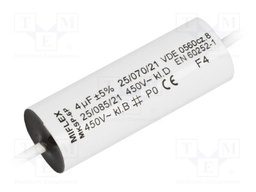 Capacitor: motors, run; 4uF; 450VAC; Ø15x47mm; ±5%; Mounting: THT