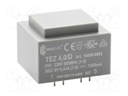 Transformer: encapsulated; 4VA; 230VAC; 9V; 444.4mA; Mounting: PCB