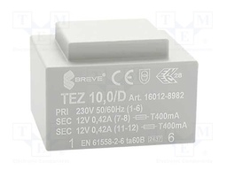 Transformer: encapsulated; 10VA; 230VAC; 12V; 12V; 416.6mA; 416.6mA
