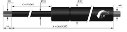 Gas spring; Thread: M8; E: 355mm; Øout: 21mm; Piston diam: 10mm; 700N