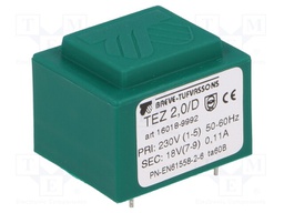 Transformer: encapsulated; 2VA; 230VAC; 18V; 111.1mA; Mounting: PCB