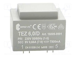 Transformer: encapsulated; 6VA; 230VAC; 9V; 666.6mA; Mounting: PCB