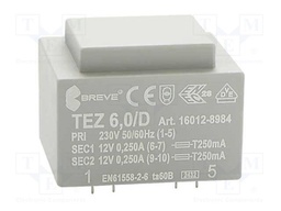 Transformer: encapsulated; 6VA; 230VAC; 12V; 12V; 250mA; 250mA; IP00