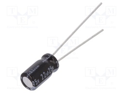 Capacitor: electrolytic; THT; 22uF; 25VDC; Ø5x9mm; Pitch: 2mm; ±20%