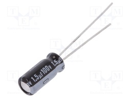 Capacitor: electrolytic; THT; 1.5uF; 100VDC; Ø5x11mm; Pitch: 2mm