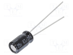 Capacitor: electrolytic; THT; 47uF; 25VDC; Ø5x9mm; Pitch: 2mm; ±20%