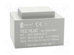 Transformer: encapsulated; 16VA; 230VAC; 24V; 24V; 333.3mA; 333.3mA