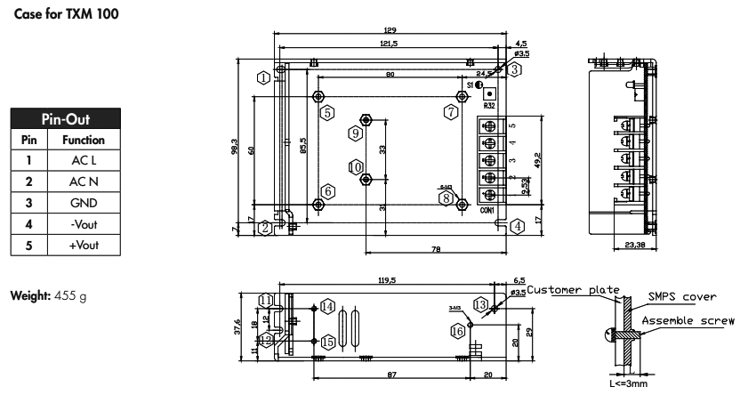 Power supply: switched-mode; modular; 100W; 15VDC; 129x99x38mm
