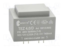 Transformer: encapsulated; 4VA; 400VAC; 12V; 333.3mA; Mounting: PCB