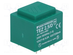 Transformer: encapsulated; 2.5VA; 230VAC; 12V; 208.3mA; IP00; 100g