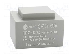 Transformer: encapsulated; 16VA; 230VAC; 12V; 1333.3mA; IP00; 420g