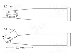 Soldering Tip, Hoof/Concave/60° Bevel, 3 x 12 mm, Soldering Station