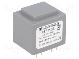Transformer: encapsulated; 2.5VA; 400VAC; 12V; 208.3mA; IP00; 120g