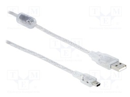 Cable; USB 2.0; USB A plug,USB B mini plug; 1.5m; transparent